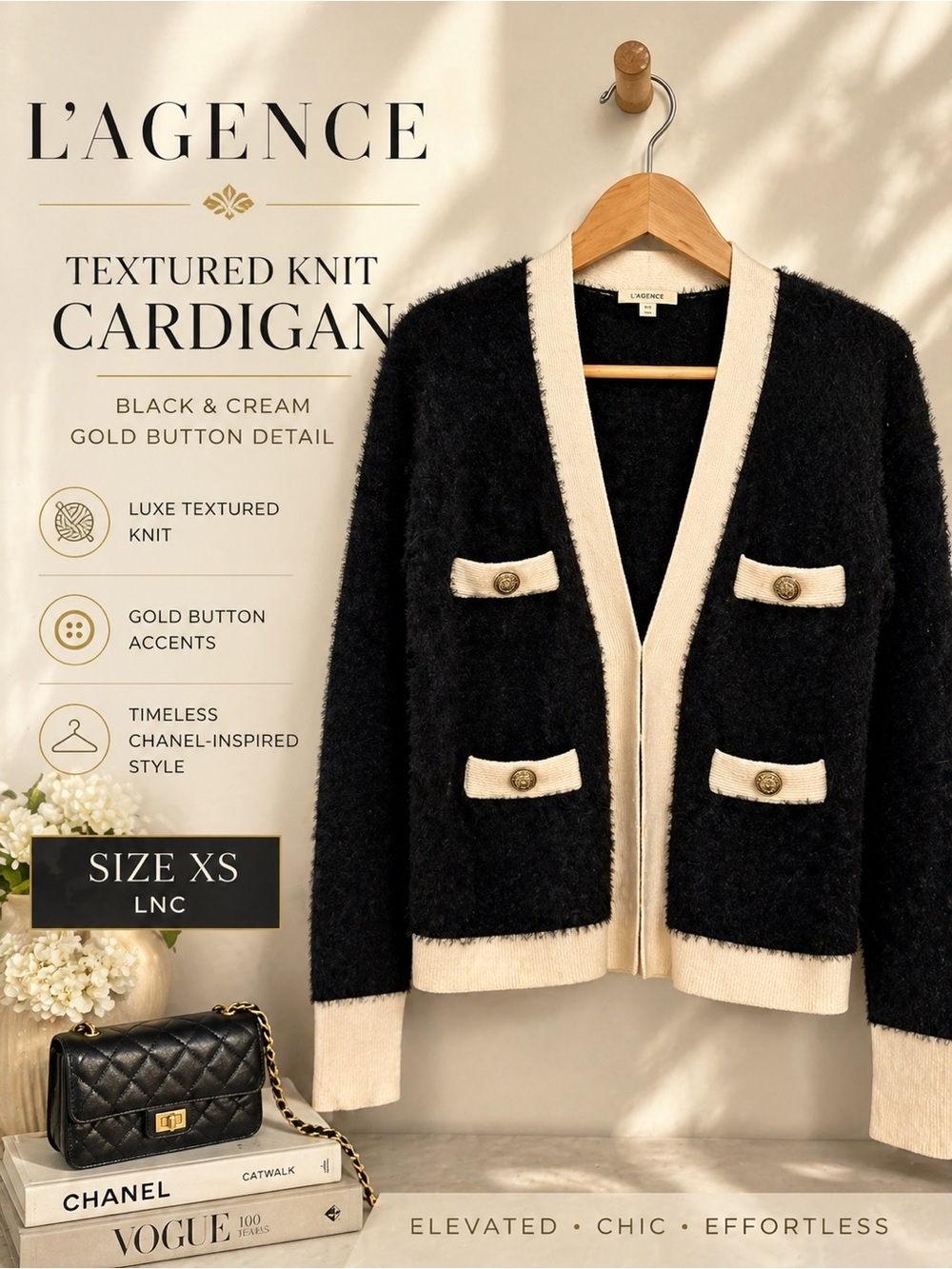 L’AGENCE Black Textured Knit Cardigan Cream Trim Gold Button XS